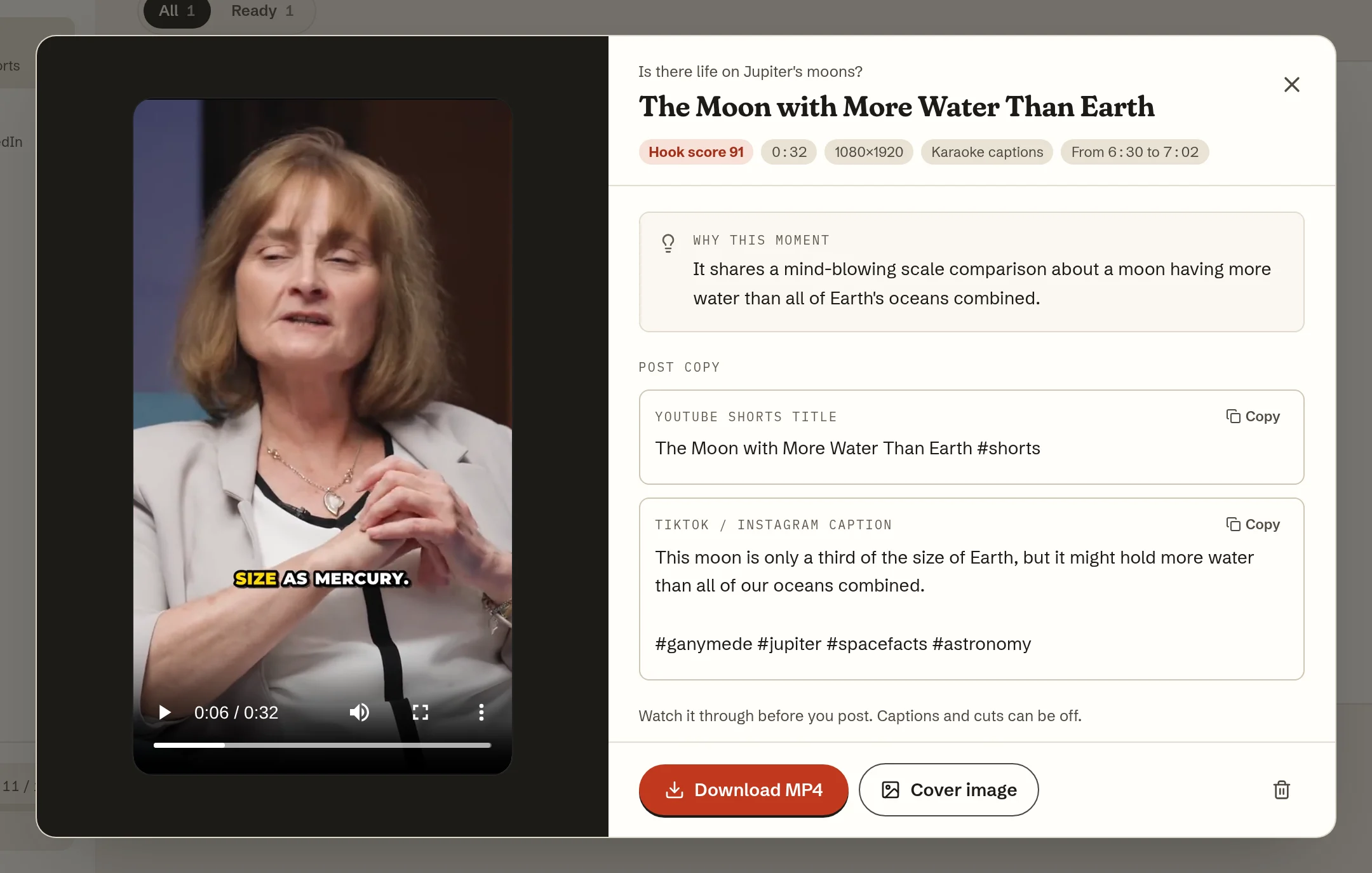 The Larkveo dashboard with the clip “The Moon with More Water Than Earth” open: the video on the left, its title, hook score, why it was picked and the suggested post copy on the right, with Download MP4 and Cover image buttons.